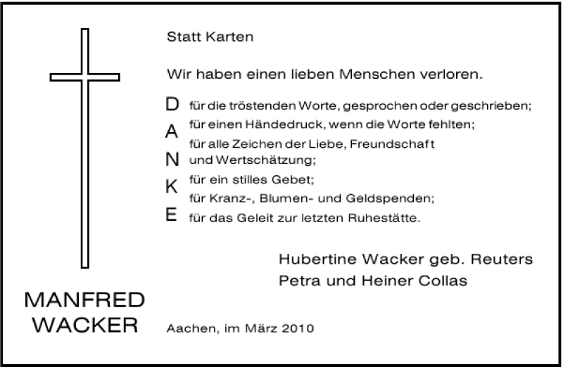  Traueranzeige für MANFRED WACKER vom 13.03.2010 aus Aachener Zeitung / Aachener Nachrichten