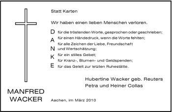 Traueranzeige von MANFRED WACKER von Aachener Zeitung / Aachener Nachrichten