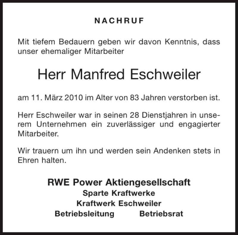  Traueranzeige für Manfred Eschweiler vom 19.03.2010 aus Aachener Zeitung / Aachener Nachrichten
