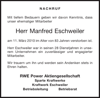 Traueranzeige von Manfred Eschweiler von Aachener Zeitung / Aachener Nachrichten