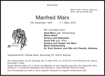 Traueranzeige von Manfred Marx von Aachener Zeitung / Aachener Nachrichten