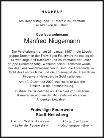 Traueranzeige von Manfred Niggemann von Aachener Zeitung / Aachener Nachrichten