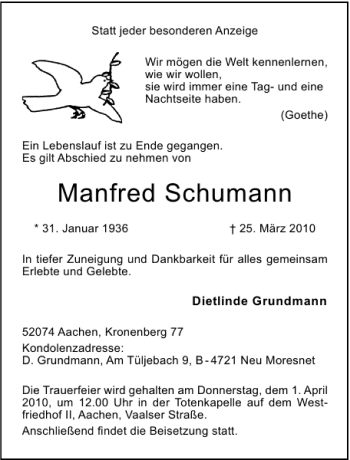 Traueranzeige von Manfred Schumann von Aachener Zeitung / Aachener Nachrichten