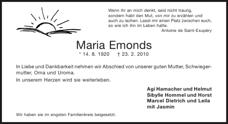  Traueranzeige für Maria Emonds vom 13.03.2010 aus Aachener Zeitung / Aachener Nachrichten