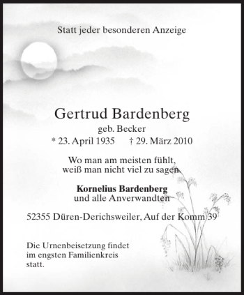 Traueranzeige von Gertrud Bardenberg von Aachener Zeitung / Aachener Nachrichten