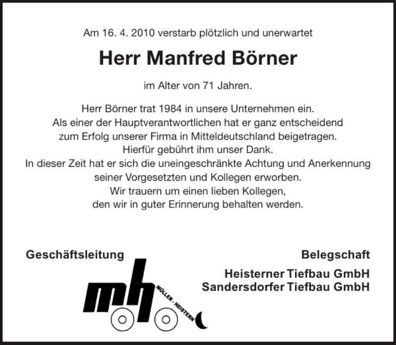  Traueranzeige für Manfred Börner vom 30.04.2010 aus Aachener Zeitung / Aachener Nachrichten