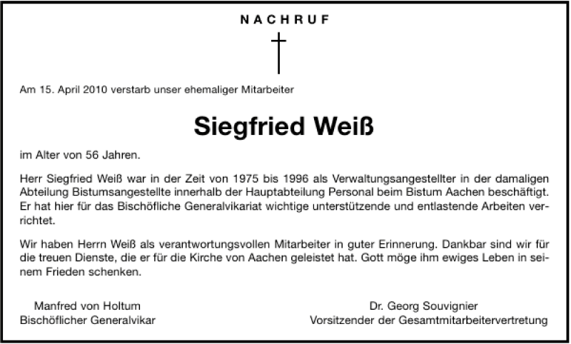Traueranzeigen von Siegfried Weiß Aachen gedenkt