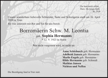 Traueranzeige von Borromäerin Schw. M. Leontia von Aachener Zeitung / Aachener Nachrichten