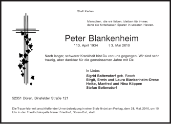 Traueranzeige von Peter Blankenheim von Aachener Zeitung / Aachener Nachrichten