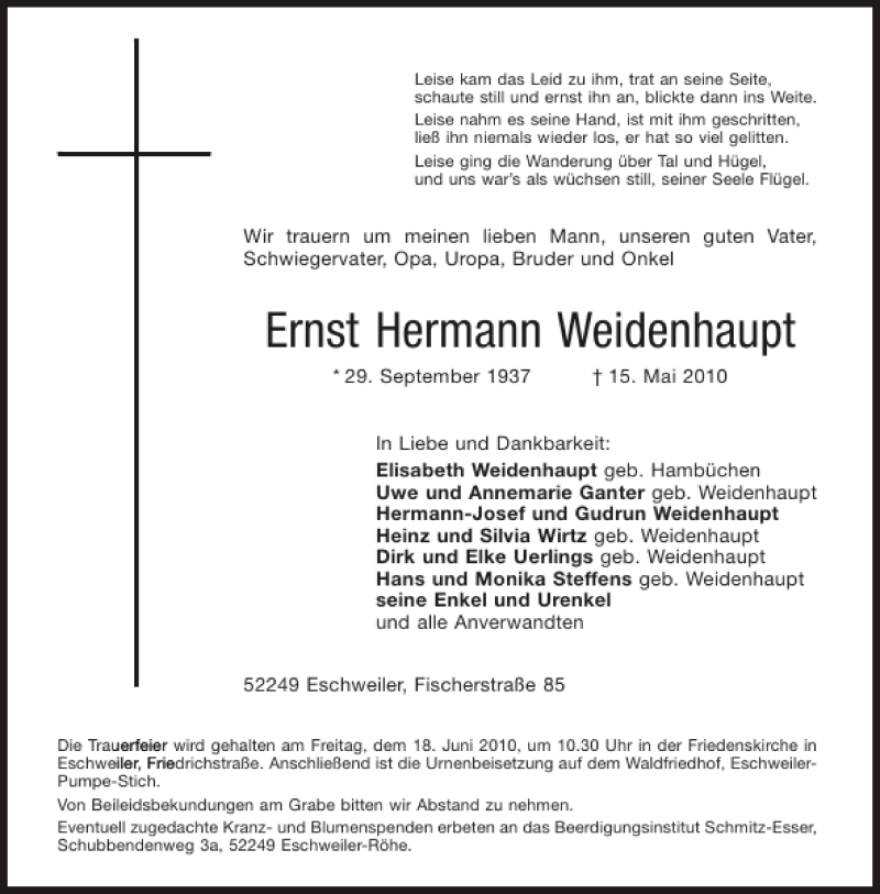  Traueranzeige für Ernst Hermann Weidenhaupt vom 12.06.2010 aus Aachener Zeitung / Aachener Nachrichten