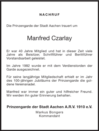 Traueranzeige von Manfred Czarlay von Aachener Zeitung / Aachener Nachrichten