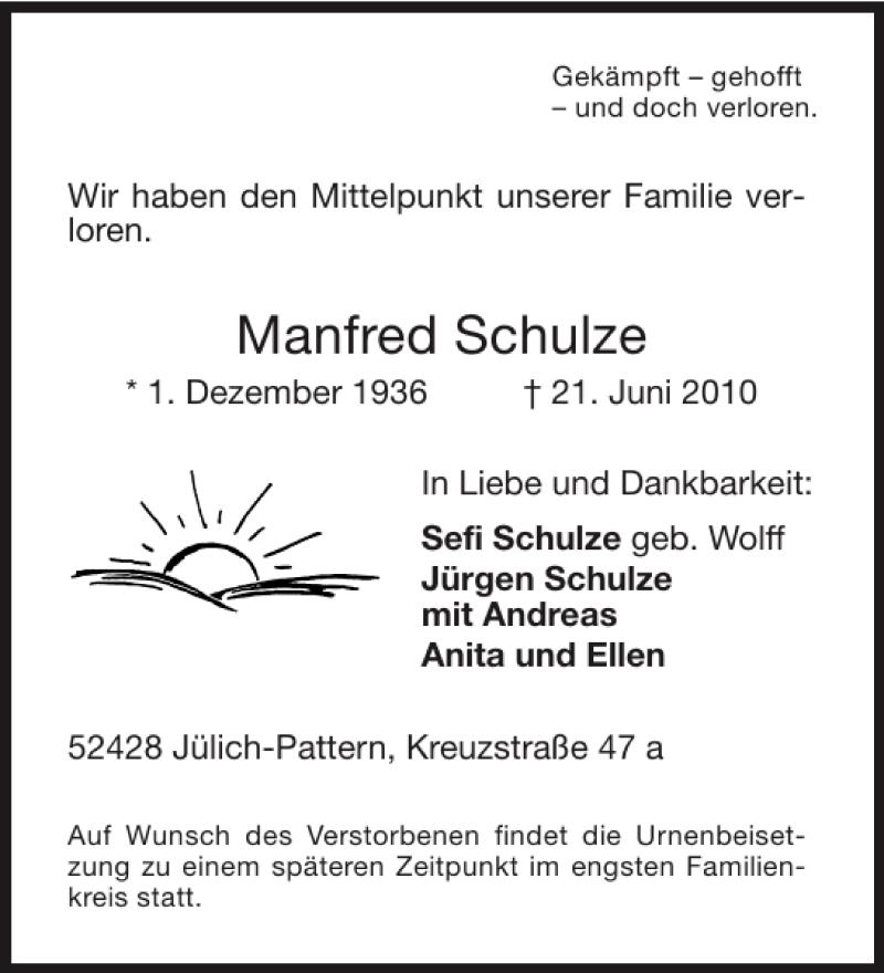  Traueranzeige für Manfred Schulze vom 26.06.2010 aus Aachener Zeitung / Aachener Nachrichten