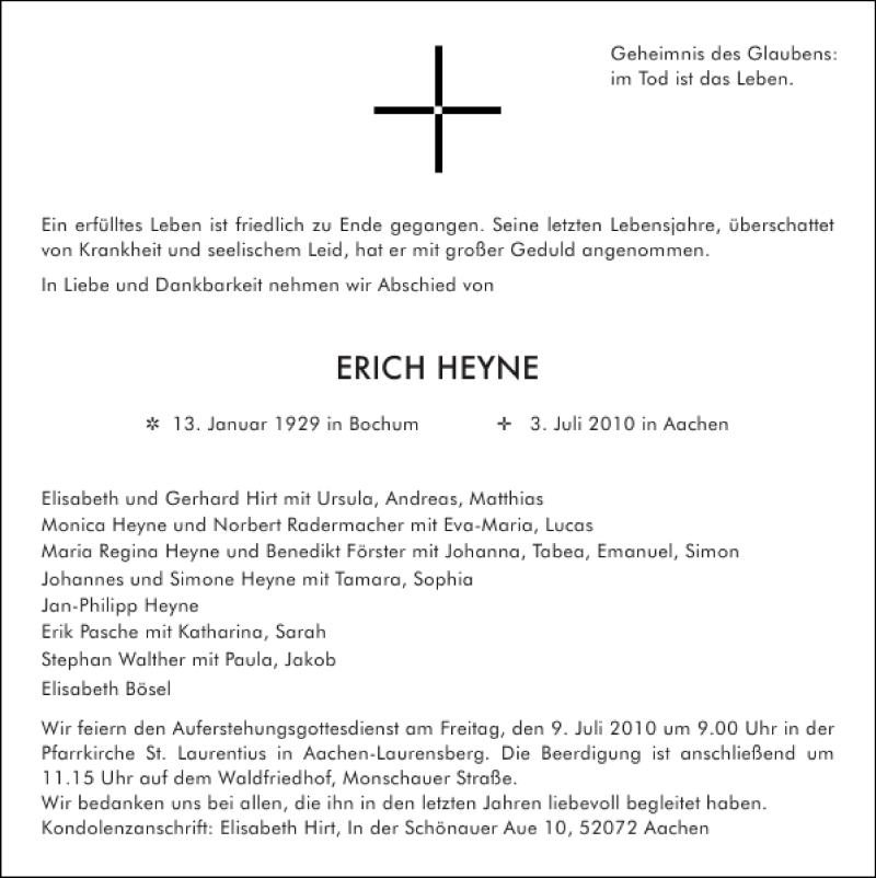  Traueranzeige für ERICH HEYNE vom 07.07.2010 aus Aachener Zeitung / Aachener Nachrichten