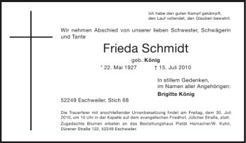 Traueranzeige von Frieda Schmidt von Aachener Zeitung / Aachener Nachrichten