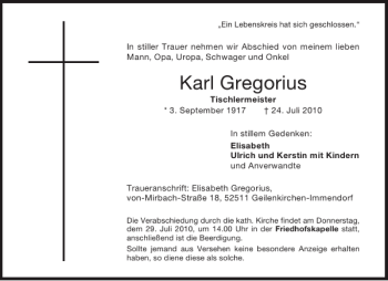 Traueranzeige von Karl Gregorius von Aachener Zeitung / Aachener Nachrichten