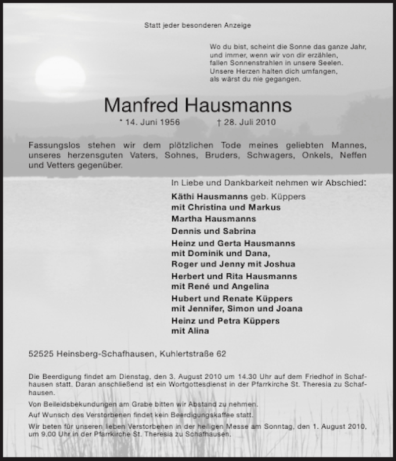  Traueranzeige für Manfred Hausmanns vom 31.07.2010 aus Aachener Zeitung / Aachener Nachrichten