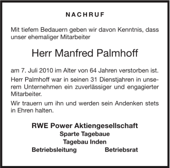 Traueranzeige von Manfred Palmhoff von Aachener Zeitung / Aachener Nachrichten