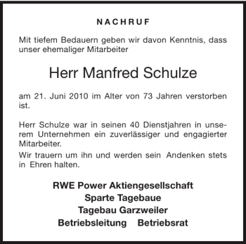 Traueranzeige von Manfred Schulze von Aachener Zeitung / Aachener Nachrichten