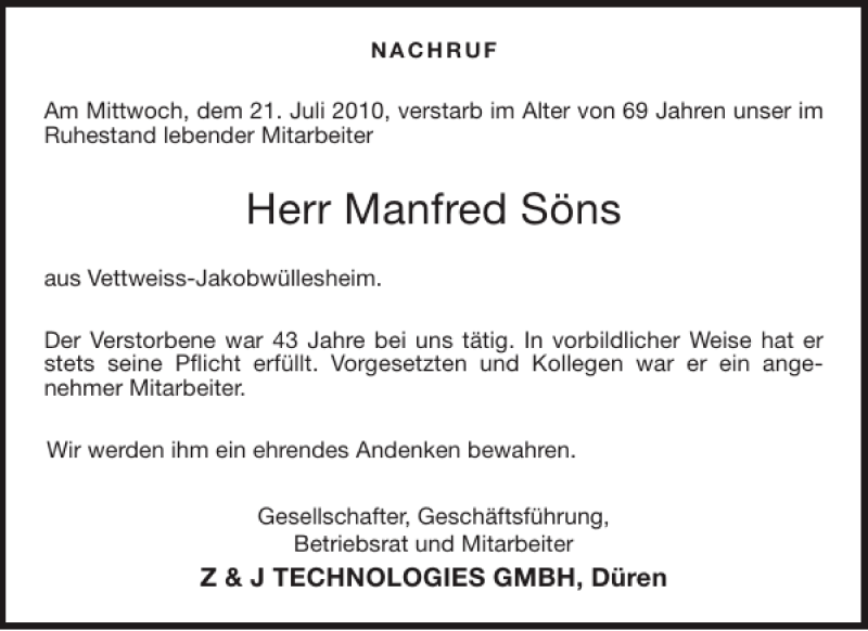  Traueranzeige für Manfred Söns vom 29.07.2010 aus Aachener Zeitung / Aachener Nachrichten