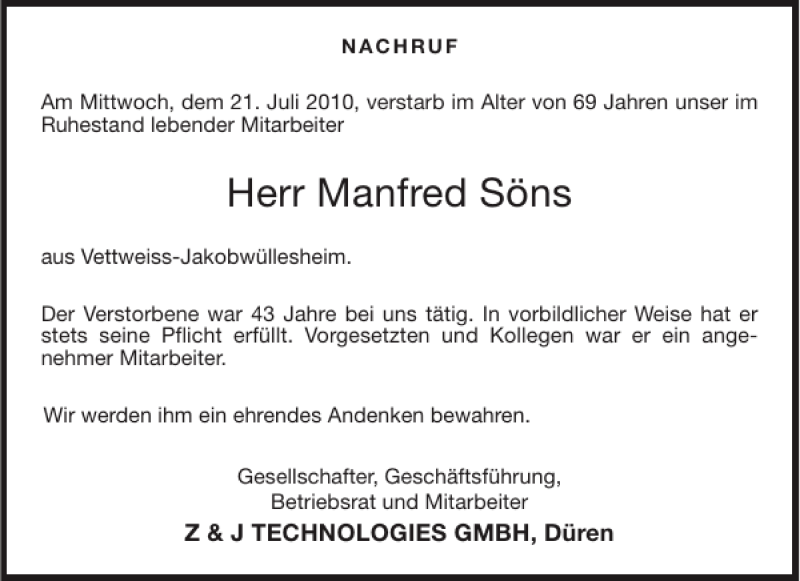 Traueranzeige für Manfred Söns vom 29.07.2010 aus Aachener Zeitung / Aachener Nachrichten