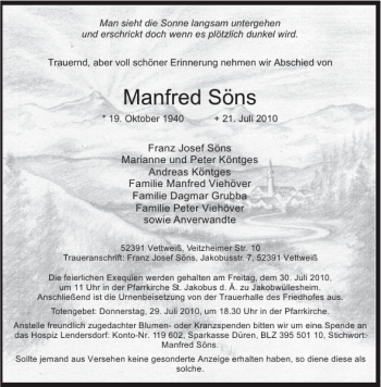 Traueranzeige von Manfred Söns von Aachener Zeitung / Aachener Nachrichten