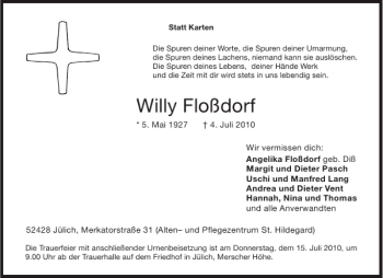 Traueranzeige von Willy Floßdorf von Aachener Zeitung / Aachener Nachrichten