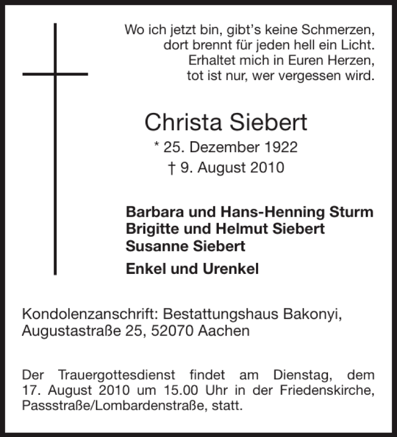  Traueranzeige für Christa Siebert vom 14.08.2010 aus Aachener Zeitung / Aachener Nachrichten