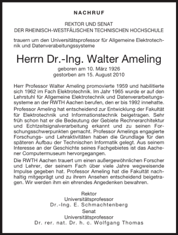 Traueranzeige von Dr.-Ing. Walter Ameling von Aachener Zeitung / Aachener Nachrichten