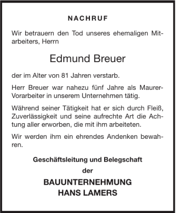 Traueranzeige von Edmund Breuer von Aachener Zeitung / Aachener Nachrichten