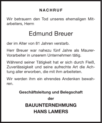 Traueranzeige von Edmund Breuer von Aachener Zeitung / Aachener Nachrichten