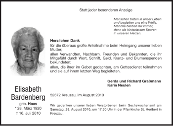 Traueranzeige von Elisabeth Bardenberg von Aachener Zeitung / Aachener Nachrichten