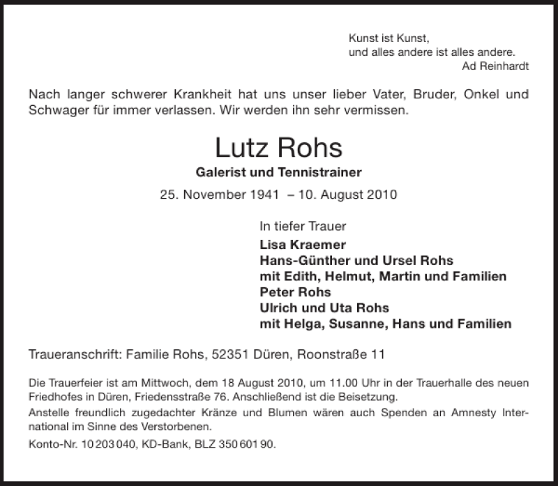 Traueranzeige für Lutz Rohs vom 14.08.2010 aus Aachener Zeitung / Aachener Nachrichten