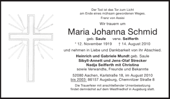 Traueranzeige von Maria Johanna Schmid von Aachener Zeitung / Aachener Nachrichten