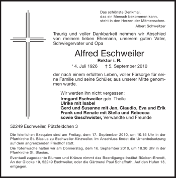 Traueranzeige von Alfred Eschweiler von Aachener Zeitung / Aachener Nachrichten