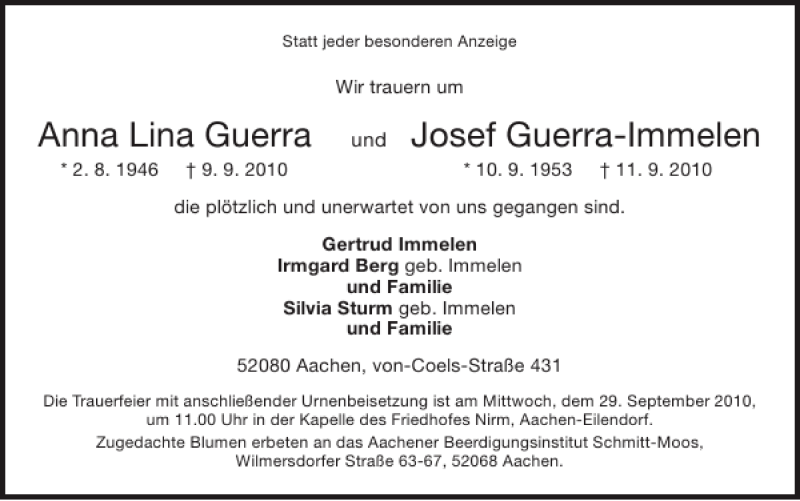  Traueranzeige für Anna Lina Guerra Josef Guerra-Immelen vom 26.09.2010 aus Super Sonntag / Super Mittwoch