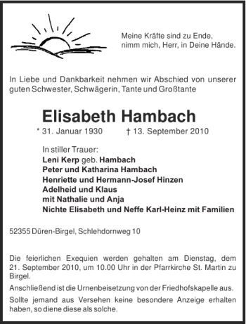 Traueranzeige von Elisabeth Hambach von Aachener Zeitung / Aachener Nachrichten