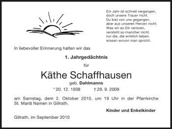 Traueranzeige von Käthe Schaffhausen von Super Sonntag / Super Mittwoch