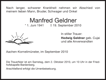 Traueranzeige von Manfred Geldner von Super Sonntag / Super Mittwoch