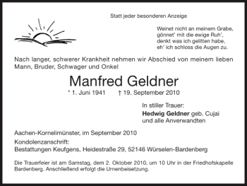 Traueranzeige von Manfred Geldner von Super Sonntag / Super Mittwoch