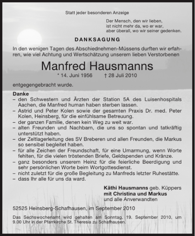  Traueranzeige für Manfred Hausmanns vom 11.09.2010 aus Aachener Zeitung / Aachener Nachrichten