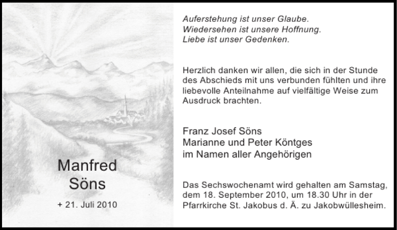  Traueranzeige für Manfred Söns vom 11.09.2010 aus Aachener Zeitung / Aachener Nachrichten