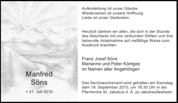 Traueranzeige von Manfred Söns von Aachener Zeitung / Aachener Nachrichten