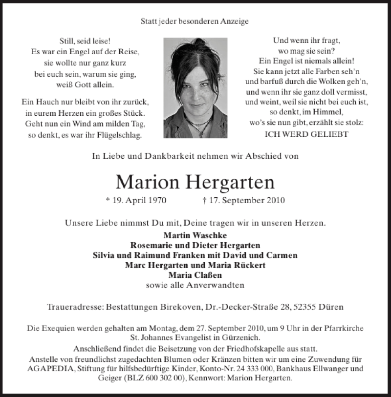  Traueranzeige für Marion Hergarten vom 22.09.2010 aus Aachener Zeitung / Aachener Nachrichten