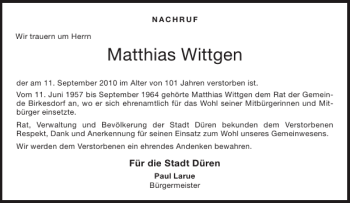 Traueranzeige von Matthias Wittgen von Aachener Zeitung / Aachener Nachrichten