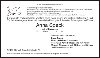 Traueranzeige von Anna Speck von Aachener Zeitung / Aachener Nachrichten