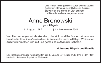 Traueranzeige von Anne Bronowski von Super Sonntag / Super Mittwoch