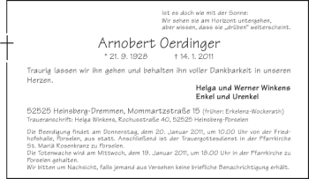 Traueranzeige von Arnobert Oerdinger von Aachener Zeitung / Aachener Nachrichten