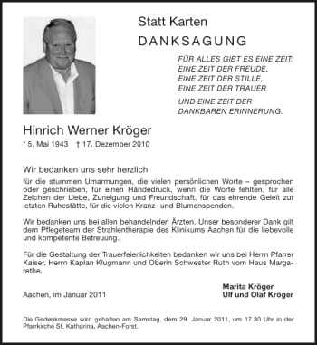 Traueranzeige von DANKSAGUNGHinrichWernerKröger  von Aachener Zeitung / Aachener Nachrichten