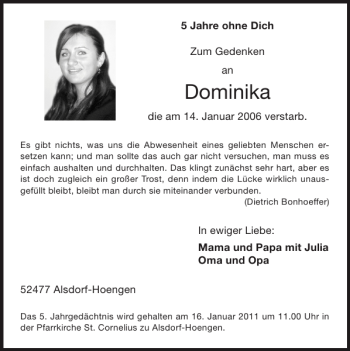 Traueranzeige von Dominika  von Super Sonntag / Super Mittwoch