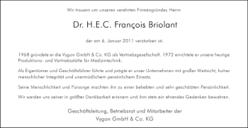 Traueranzeige von Dr. H.E.C. François Briolant von Aachener Zeitung / Aachener Nachrichten